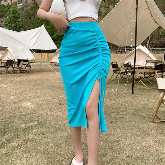High Waist Mid-length Drawstring Ruffle Hip Skirt