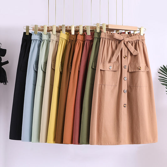 Artistic Solid Color Buttoned Mid-length Skirt