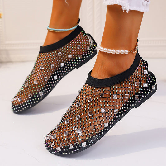 Mesh Flat Sandals With Colorful Rhinestone Design